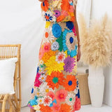 Katarzyna | Rochie maxi florală fără mâneci, cu legătură la gât și în talie