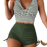 Oliva | Set de tankini cu dungi încrucișate și pantaloni scurți cu talie înaltă