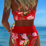 Costum de baie cu imprimeu floral contrastant și deschidere