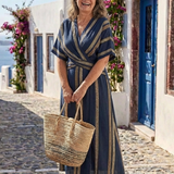 Saphira | Rochie midi cu decolteu în V, mâneci scurte și dungi