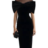 Cătălina | Rochie Midi din Catifea Neagră Dramatică cu Fundă