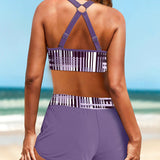 Janette - Costum de baie cu talie înaltă cu dungi