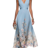 Roza | Rochie Maxi din Chiffon Albăstrie cu Decolteu în Formă de Sere