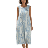 Solene | Rochie midi fără mâneci cu model de frunze albastre