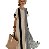 Elara | Rochie maxi cu guler rotund și mânecă scurtă, cu dungi