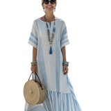 Ione | Rochie maxi cu guler rotund, mâneci scurte și dungi