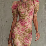 Katinka | Rochie maxi cu imprimeu vintage roz și volane