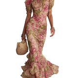 Katinka | Rochie maxi cu imprimeu vintage roz și volane