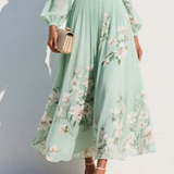 Florina | Rochie midi verde deschis cu decolteu plisat în formă de V din șifon