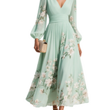 Florina | Rochie midi verde deschis cu decolteu plisat în formă de V din șifon