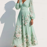 Florina | Rochie midi verde deschis cu decolteu plisat în formă de V din șifon