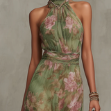 Emilia | Rochie maxi din șifon verde cu flori, cu bretele