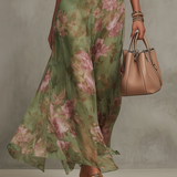 Emilia | Rochie maxi din șifon verde cu flori, cu bretele