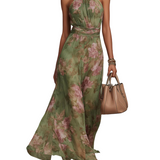 Florencia | Vestido Maxi Halter de Chifón Floral Verde