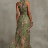 Emilia | Rochie maxi din șifon verde cu flori, cu bretele