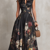 Patricia | Rochie Midi Satinată Neagră cu Model Floral și Plisaje