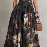 Patricia | Rochie Midi Satinată Neagră cu Model Floral și Plisaje