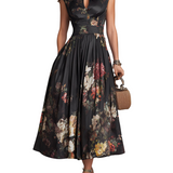 Patricia | Rochie Midi Satinată Neagră cu Model Floral și Plisaje