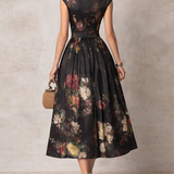 Patricia | Rochie Midi Satinată Neagră cu Model Floral și Plisaje