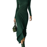 Felicia |  Rochie midi asimetrică înfășurată cu pliseuri și guler înalt verde închis