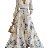 Monika | Rochie maxi albă din șifon cu imprimeu floral și mâneci tip balon