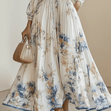 Monika | Rochie maxi albă din șifon cu imprimeu floral și mâneci tip balon