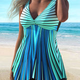 Azul | Set de tankini cu fustă în dungi care acoperă abdomenul