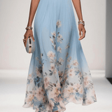 Roza | Rochie Maxi din Chiffon Albăstrie cu Decolteu în Formă de Sere